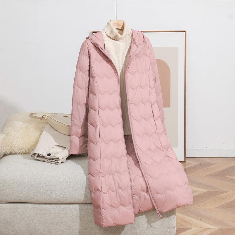 Women's Long Over-the-Knee Lightweight Duck Down Hooded Winter Jacket - Korean Style, Slimming, and Warm.