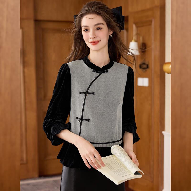 Bailuyu Chinese Style Color-block Stand Collar Long Sleeve Shirt M