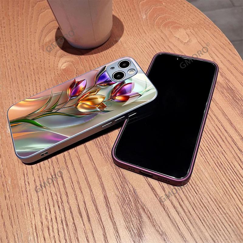 Metal texture tulip mobile phone case iPhone15promax high value glass mobile phone case Apple 17