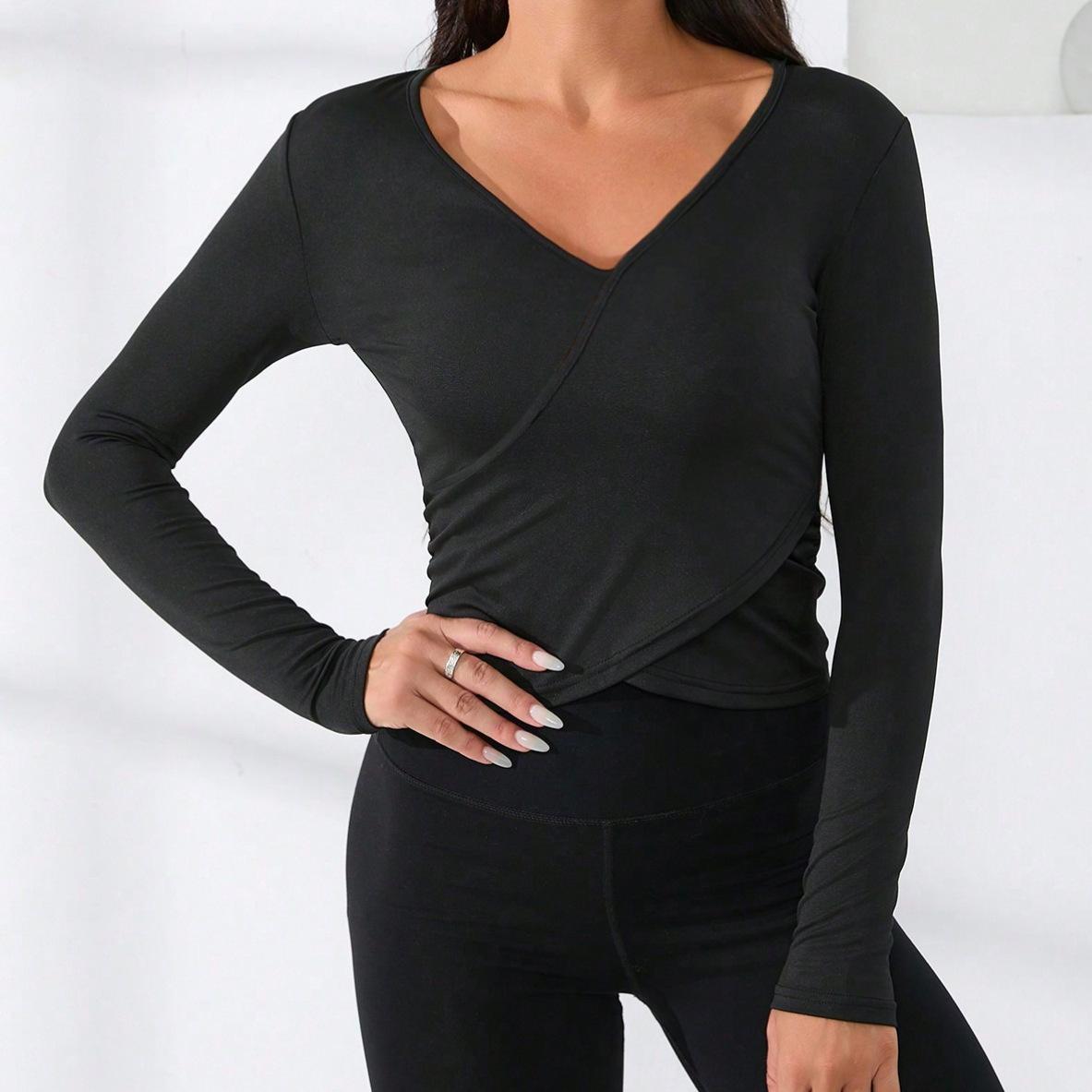 

Модные женские повседневные топы, топы, сексуальные обтягивающие спортивные топы с V-образным вырезом, спортивные топы для бега, тренировок, фитнеса, тонкая футболка с длинными рукавами XL чёрный