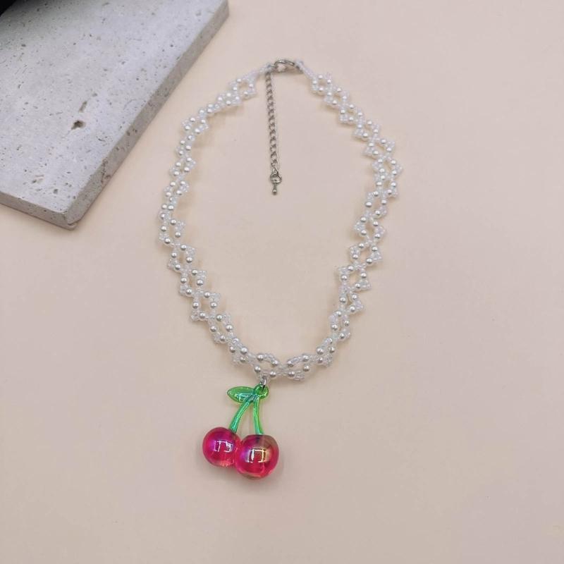 Fashion Cherry Strawberry Pendant Necklace Sweet Double Layer Pearl Clavicle Chain Choker Necklace Jewelry Neck Chain