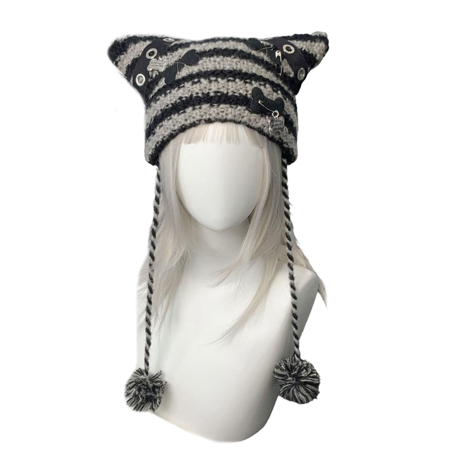 

Полосатая шапка-бини для девочки Y2K панк кость шапка для вечеринки вязаная шапка уличная одежда утолщенная шапка-бини шапка с кошачьими ушками Харадзюку фотореквизит чёрный