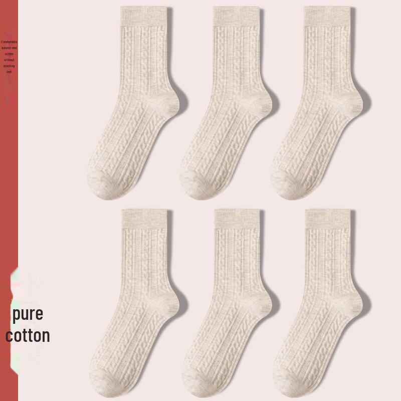 Women's Retro Twist Pure Cotton Mid-Tube Socks - Antibacterial, Deodorant, Autumn/Winter, White Long Socks.