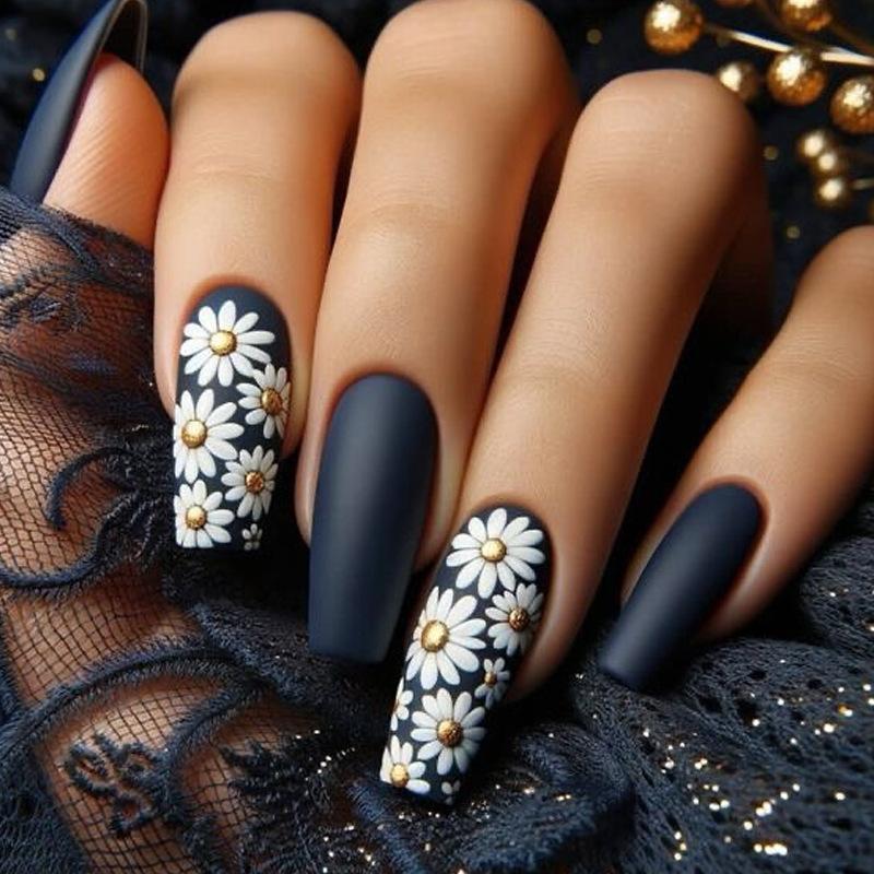 24 Pcs Medium Length Ballet Press On Nails Brown Floral Design Full Cover Detachable Fake Nails Manicure Set