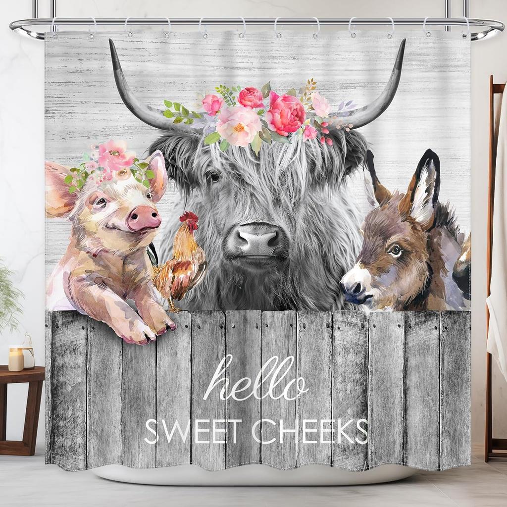 Funny Cow Shower Curtain with Western Bull & Donkey Design – Rustic Barn Door Farm Animal Bathroom Decor