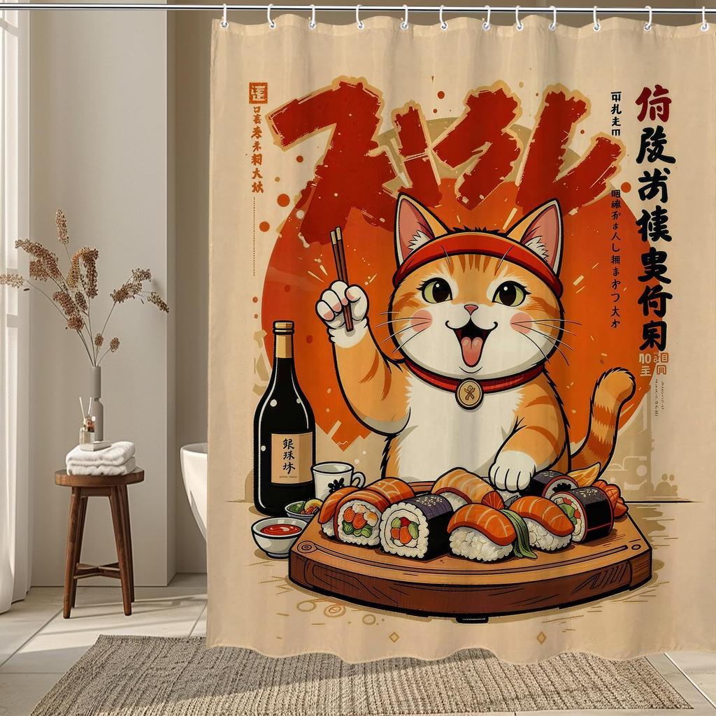 Funny Japanese Cat Sunset Shower Curtain, Vintage Anime Ocean Wave Kitten Decor, Artistic Waterproof Washable