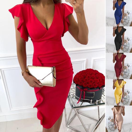 Bodycon Dress Sexy V Neck Solid Color Ruffles Short Sleeve Party Dress for Vacation