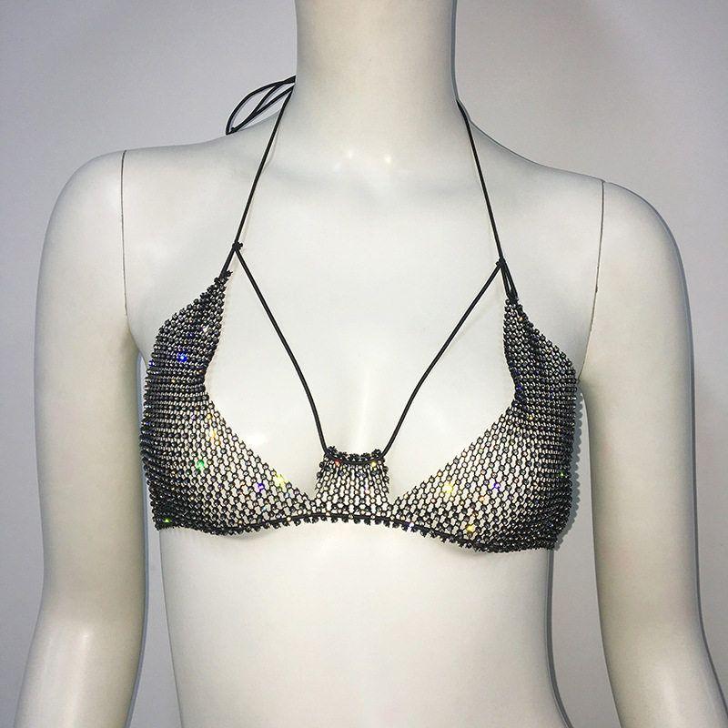 

New Cross-Border Women clothes Rhinestone Sling Mesh Flash Diamond Fishing Net Top Sexy bikini Top Mini Skirt Set Top Black One size fits all