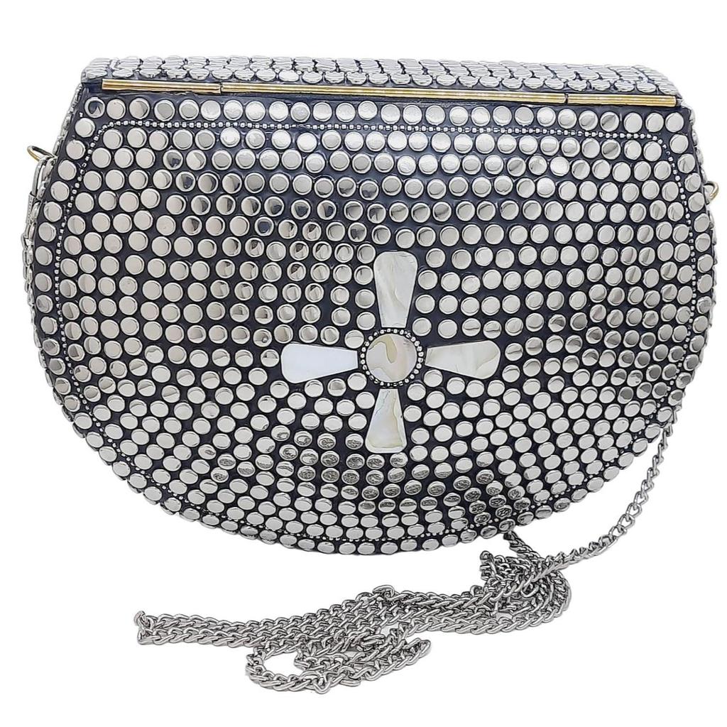 Silver Metal Beaded Ethnic Purse Girls Bridal Bag Cross Body Bag for women/Girl Party Clutch Metal Clutches Vintage Brass