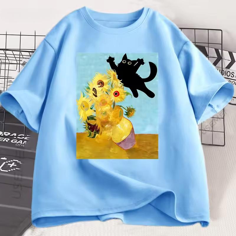 Vincent Van Gogh Cat T-shirt Women Sunflowers Print Tshirt Funny Cute Cat Kitten T Shirt Cotton Short Sleeve Clothes