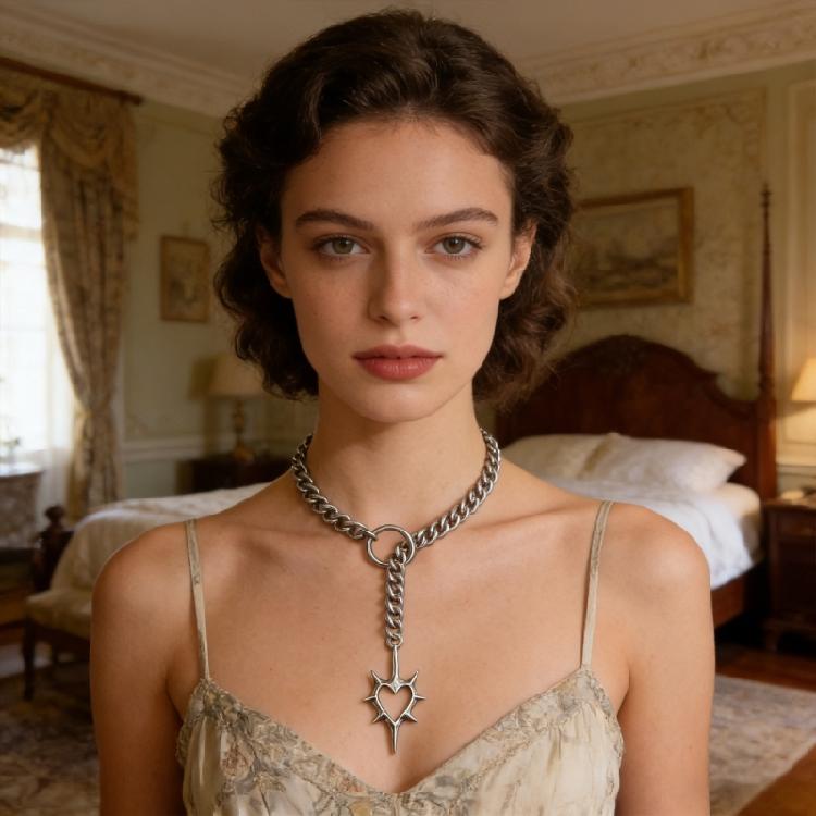 Punk Inspired Openwork Heart With Thorns O Ring Necklace Stainless Steel Adjustable Chain Clavicle Accessories