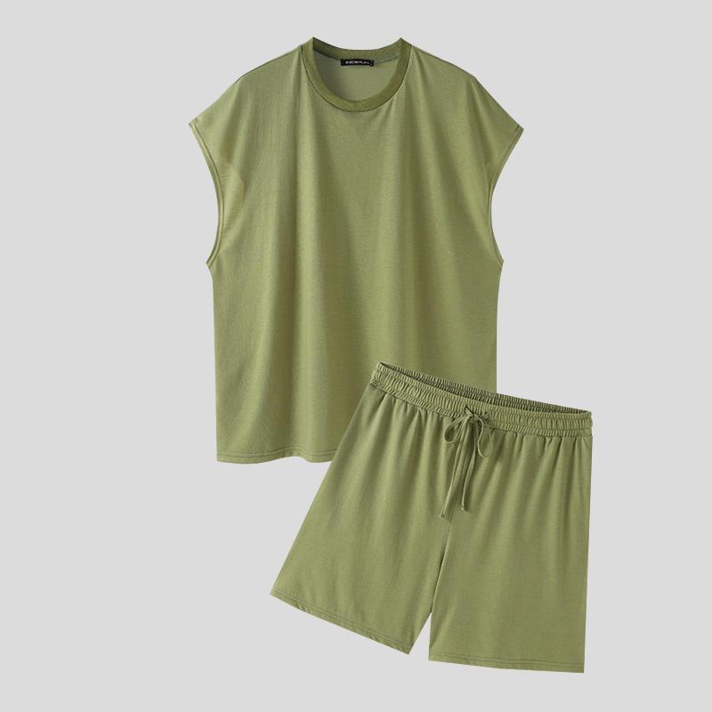 

INCERUN Костюм из двух частей для мужчин с короткими рукавами и короткими брюками, повседневные спортивные наряды M зелёный