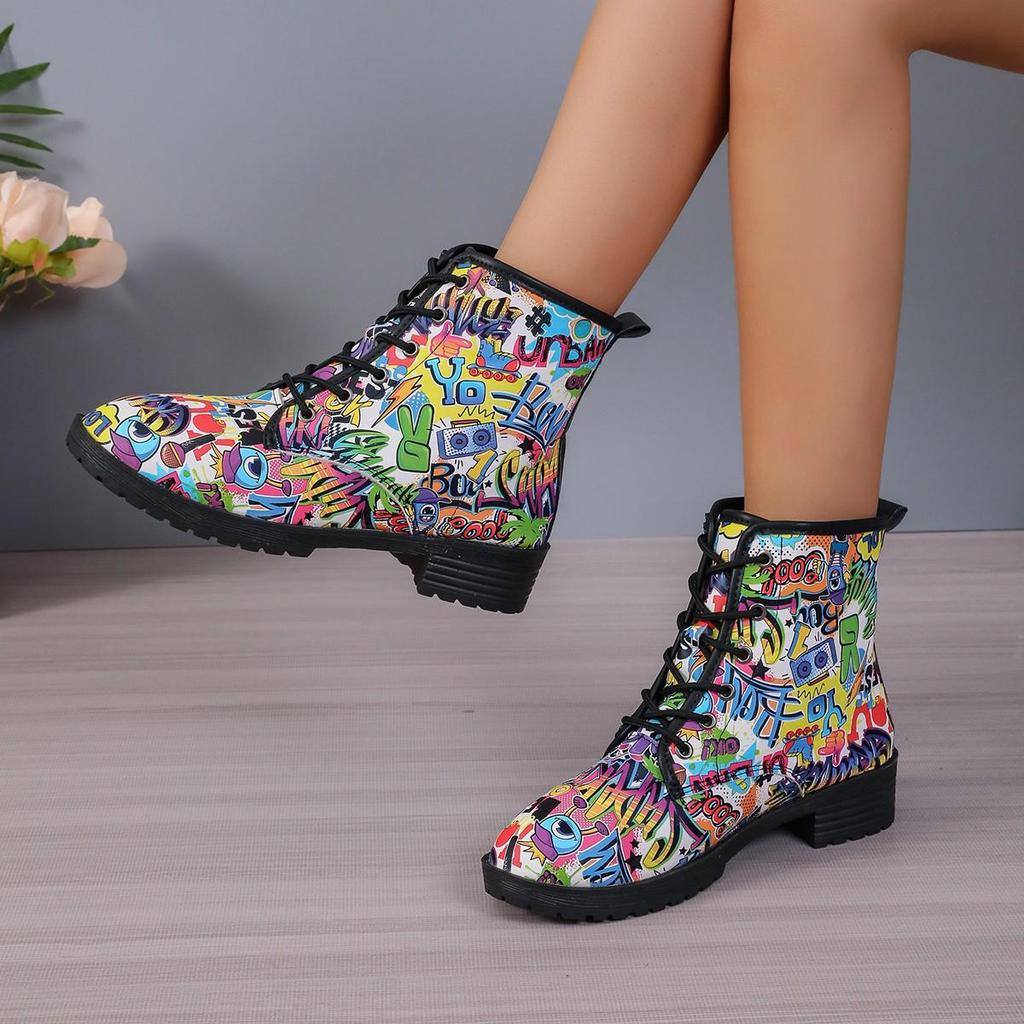 Europeiske og amerikanske grenseoverskridende Martin-støvler for kvinner: Høst/Vinter Graffiti 3D-trykk Arbeidsstøvler.