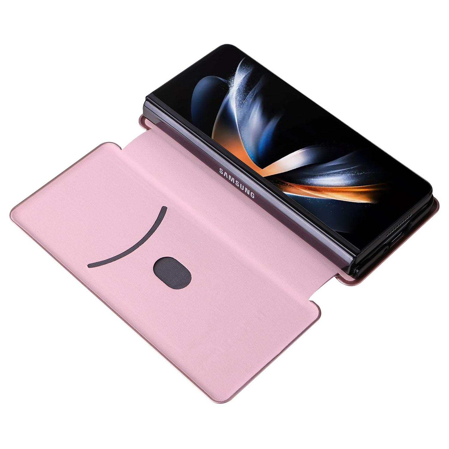 

For Samsung Galaxy Z Fold5 5G Carbon Fiber Texture Card Holder Case Leather Stand Anti-drop Phone Cover Rose Gold