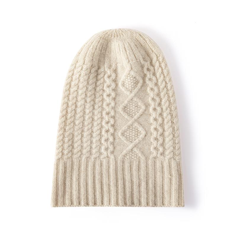 

Women 100% Pure Cashmere Beanie Hat Mixed Cable Knit Pattern Winter Warm Soft Slouchy Skullies Cap Cold Weather Accessory бежевий