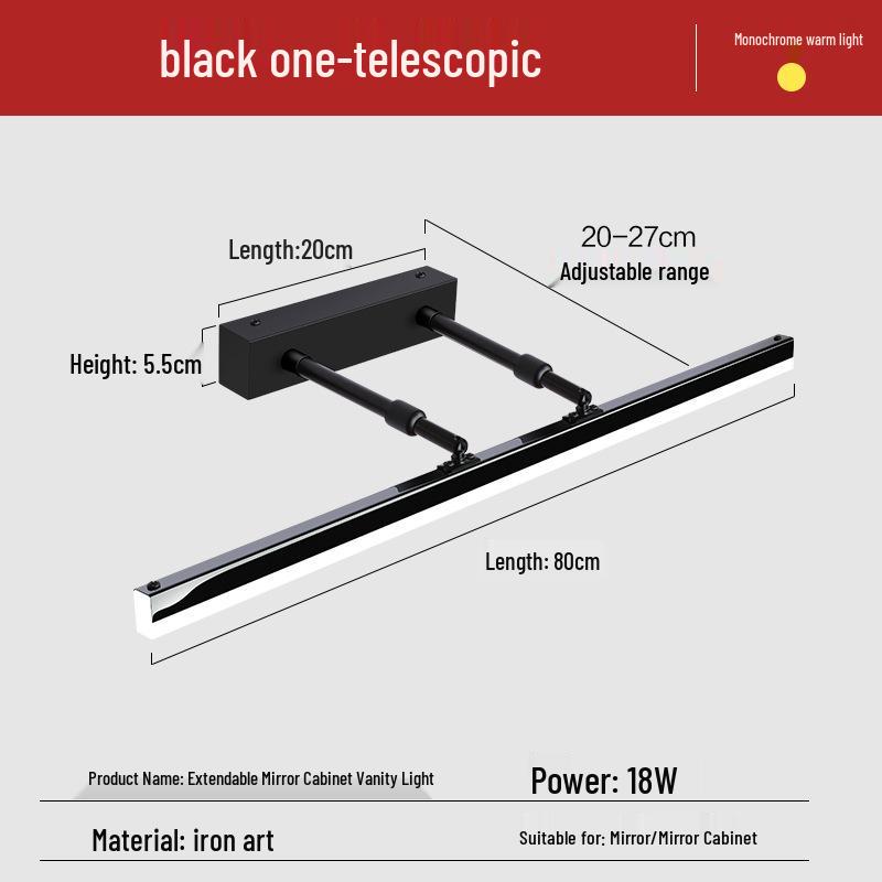 LED Vanity Light: No-Drill, Extendable Mirror Cabinet, Tri-Color, Nordic Minimalist Style.