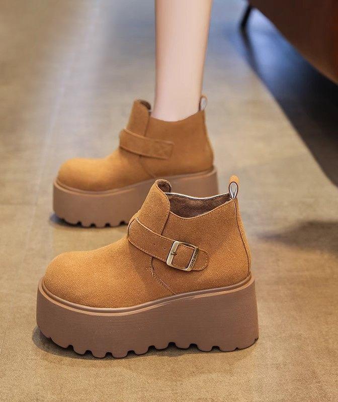 

Женские зимние короткие ботинки на платформе, новые винтажные плюшевые модные ботинки с ремешком и пряжкой, теплая обувь с нескользящей подошвой, увеличивающие рост ботильоны 35