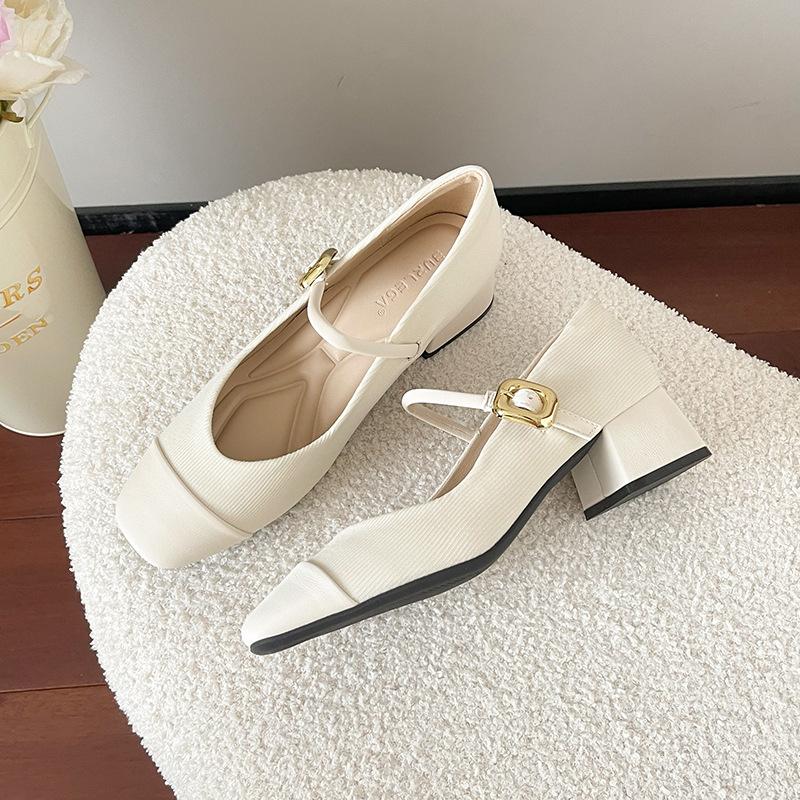 

Spring and summer square head shallow mouth single shoes women s medium thick heel one-word buckle thick heel Mary Jane shoes 34 абрикосовий