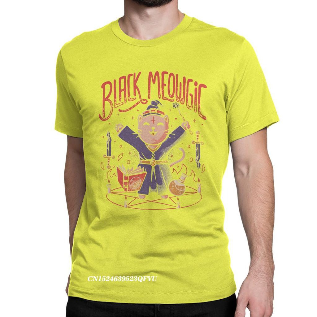 Black Meowgic Cute Evil Cat Tshirt Men Women's Cotton Vintage Tee Shirt Crew Neck Japan Retro Monster Kaiju Tees Plus Size Tops