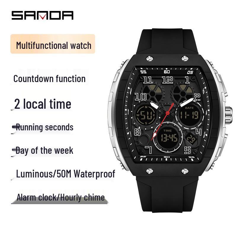 Sanda Dual-Movement Barrel Watch: Luminous Alarm, Large Dial, Multifunctional Student Watch.