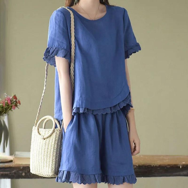 2PC Cotton Suit Women Summer Comfortable Short-sleeved Loose T-shirt Wide Leg Shorts Two-piece Set