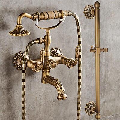 European Retro Carved Copper Shower Set with Handheld Spray and Hot/Cold Faucet