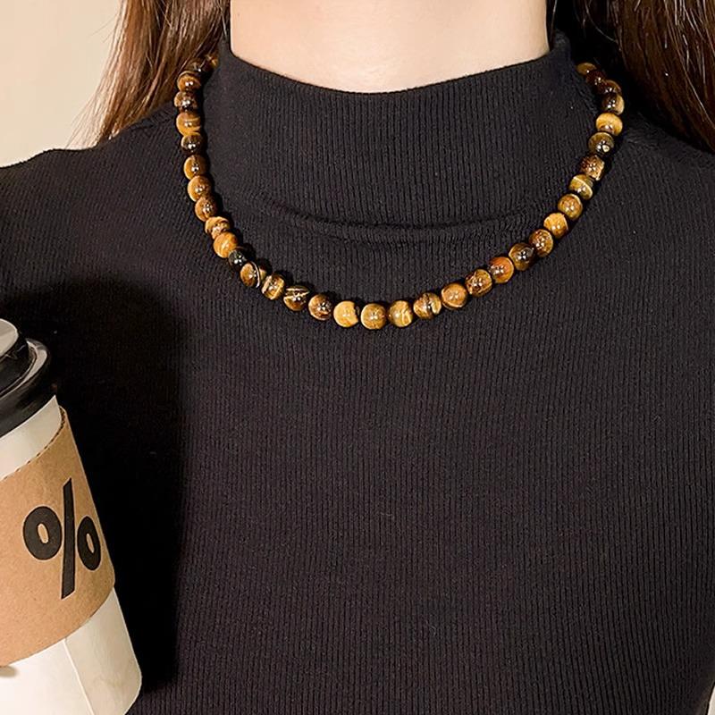 Women's Maillard Tiger Eye Stone Beaded Necklace: Autumn-Winter Fashion, Light Luxury, Unique Layered Clavicle Chain