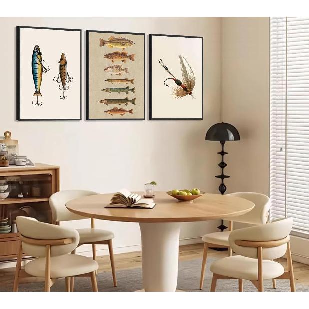 ZPJLRFC 3Pcs Vintage Fishing Canvas Wall Art Minimalism Fishing Gear Posters Artwork Fisherman Cave Painting Pictures Wall Decor for Outdoorsy Cabin