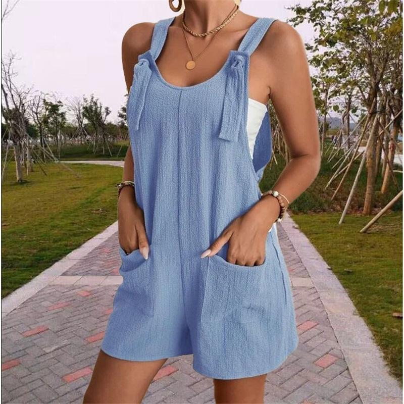 European And American Women's Summer Casual Solid Color Suspender Shorts One-piece Pants Adjustable Large Size Overalls Cool And Comfortable