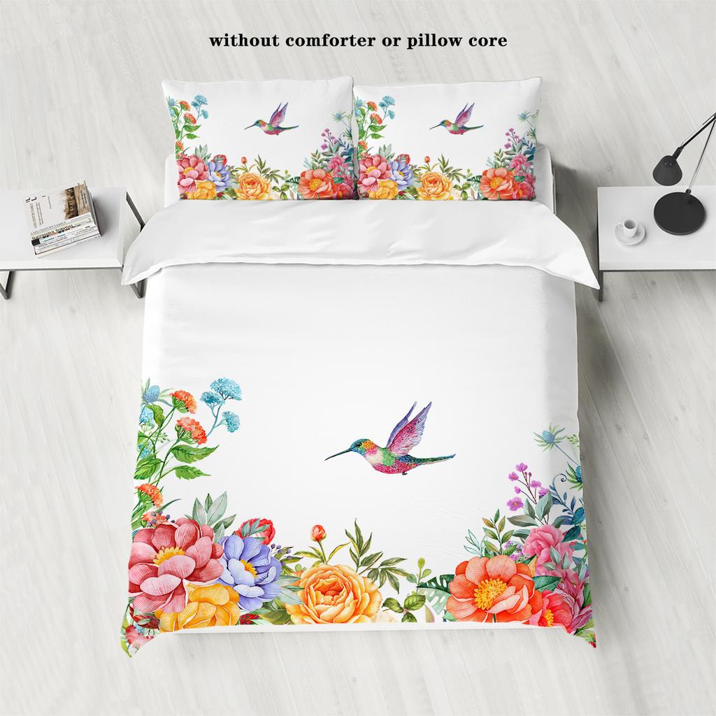 3-piece set of natural floral hummingbird pattern print (1 duvet cover+2 pillowcases, no core) soft and comfortable bedding set