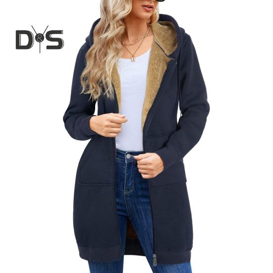 Damen Winter Hoodie Verdickte, mit Plüsch gefütterte, langärmlige Oberbekleidung Mittellanger, einfarbiger Kordelzug-Reißverschlussmantel für den täglichen Arbeitsweg