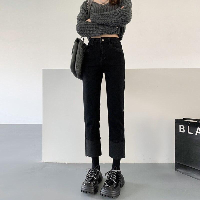 

Осень-зима, новые утолщенные теплые джинсы в корейском стиле с высокой талией, женские винтажные прямые мешковатые джинсовые джинсы с манжетами в Корейском стиле, уличная одежда XXL