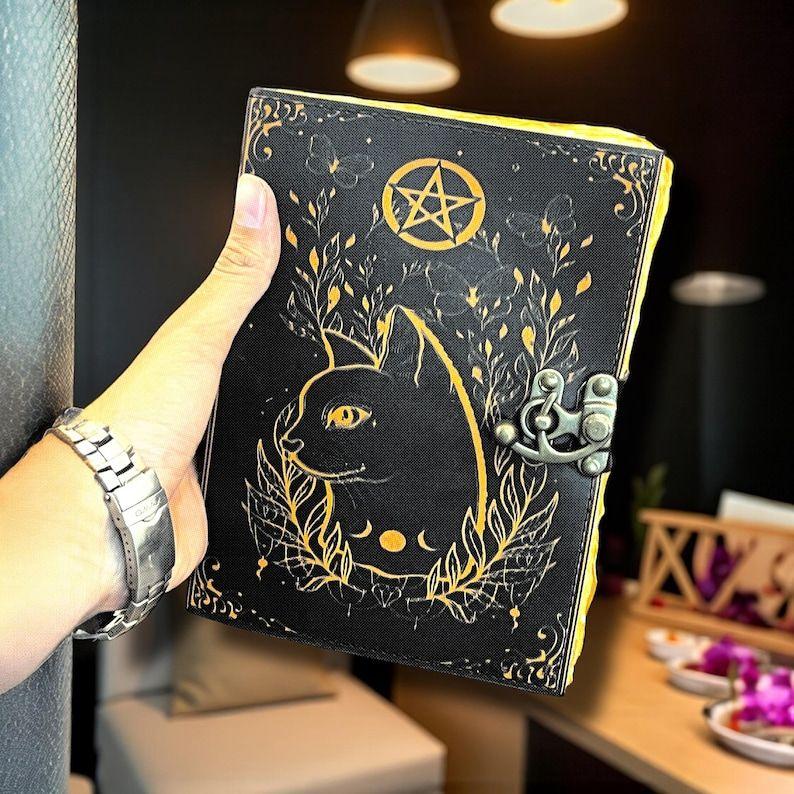 Grimoire Vintage Leather Journal, Celtic Cat Leather Journal, Blank Spell Book of Shadows Celestial Gifts For Him Her