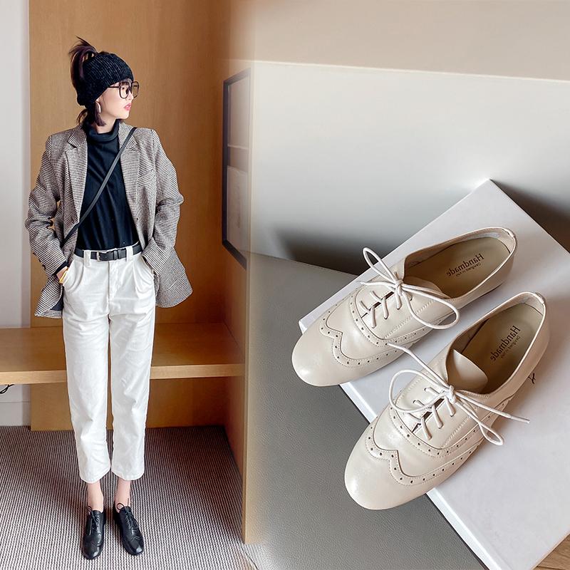 Fashion 2024 New Women Shoes Genuine Leather Block Flats Loafers Round Toe Lace-up Footwear Ladies Shoes for Women Retro Oxford Shoes