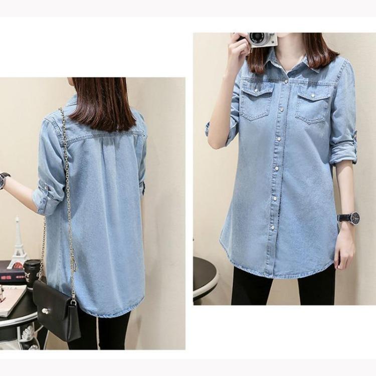 Camisa Vaquera para Mujer Manga Larga Corte Holgado Longitud Media Chaqueta Vaquera Camisa Base de Primavera Talla Grande Chaqueta Fina