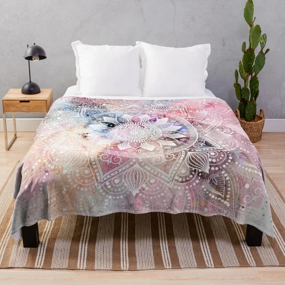 Mandala Throw Blanket Flannel Colourful Flower Pink Yellow Blue Boho Style Soft Warm Lightweight For Bed Sofa Couch King Queen