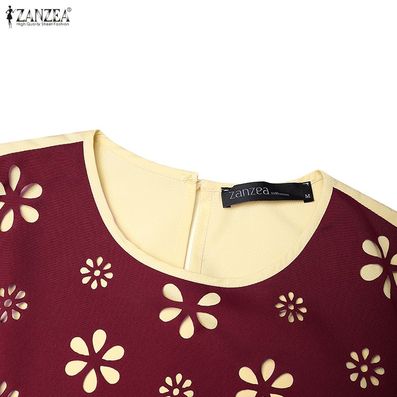 ZANZEA Women Hollow Splice Loose Casual Round Neck Long Sleeve Vintage Dress