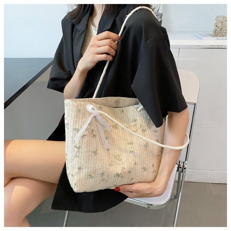 Летняя большая сумка женская сумка новая кружевная сумка соломенная сумка через плечо большая вместимость ручной работы плетеная повседневная сумка-тоут белый