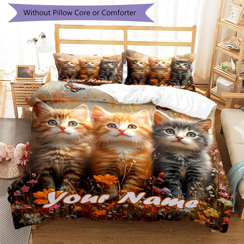3PC Custom Name Kittens Garden Bedding Set Printed Bedding Set Duvet Cover Closure Includes 1 Duvet Cover & 2 Pillowcases for All Seasons Bedroom