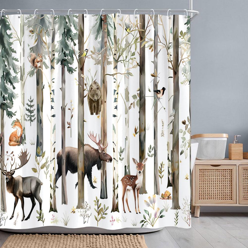 Forest Animals Watercolour Shower Curtain Deer Bear Fox Squirrel Flower Polyester Fabric Bath Curtains Bathroom Decor With Hooks