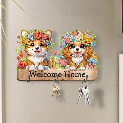 Wooden Dog & Flower Rhinestone Painting Coat Hook Cat & Flower DIY Diamond Painting Art Hooks for Home Office Decor