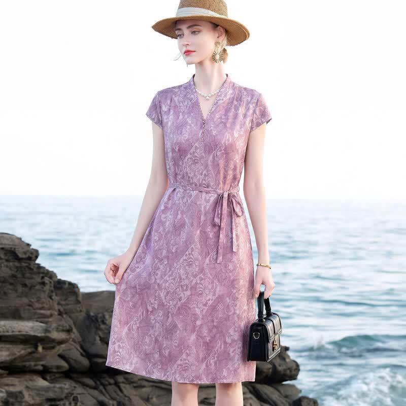 Xuexi Women s Elegant Mulberry Silk Midi Dress 4XL