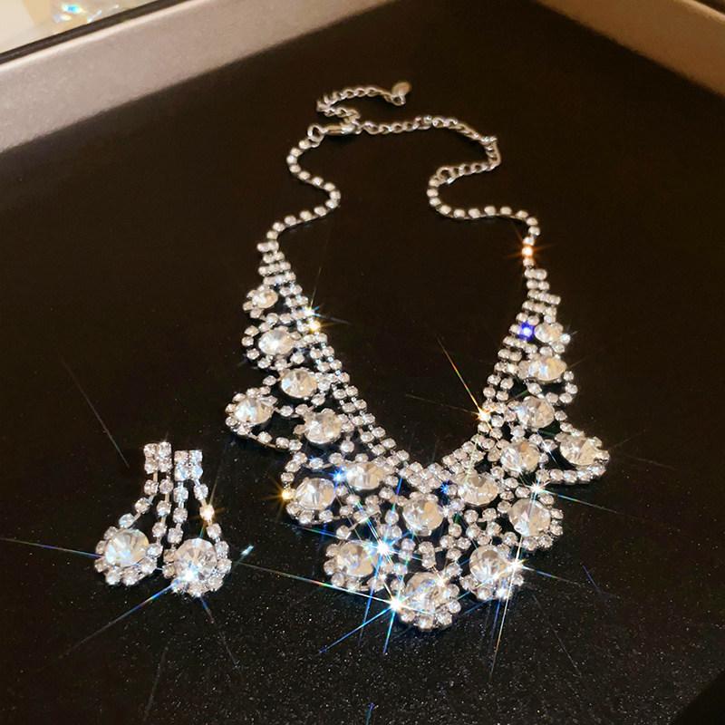 Elegant Rhinestone Geometric Tassel Necklace & Earring Set for Women