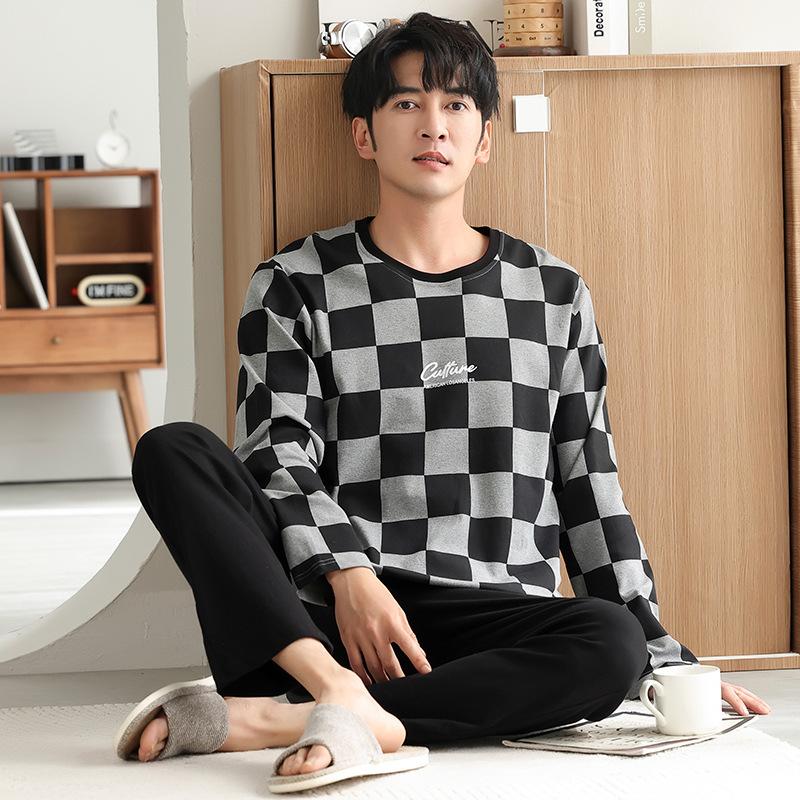 Pajamas Men'S Spring And Autumn Cotton Long Sleeve Autumn Crew Neck Pullover Sports And Leisure Cotton Homewear Suit