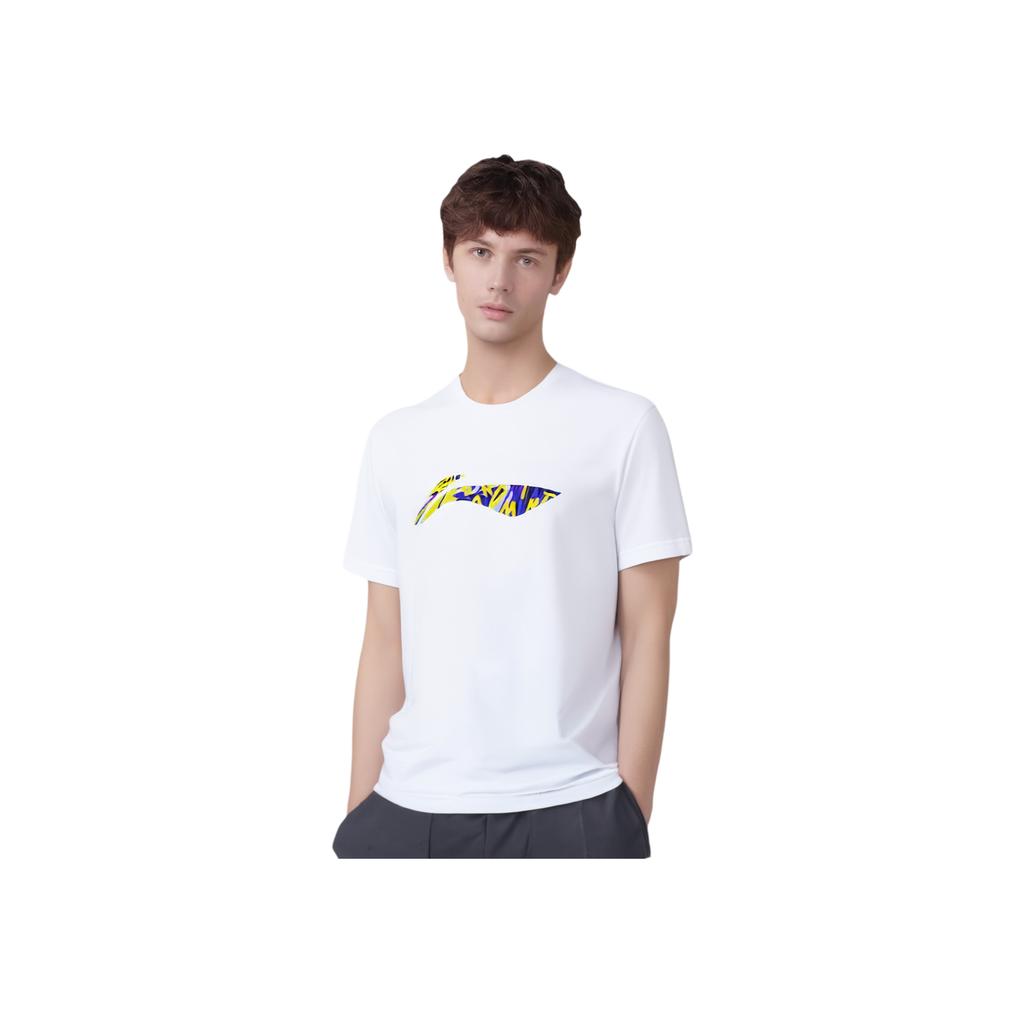Li Ning Badminton Series Large Logo Print Quick-Dry Breathable Round Neck Short Sleeve T-Shirt Men Tops White AHSS241-1