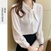 [SYitong] Women's Long-Sleeved Blouse, Stylish, White & Blue, Office Wear, Commuting, Relaxed Fit, Solid Color, Spring/Summer, Plus Sizes, Ribbon Blou