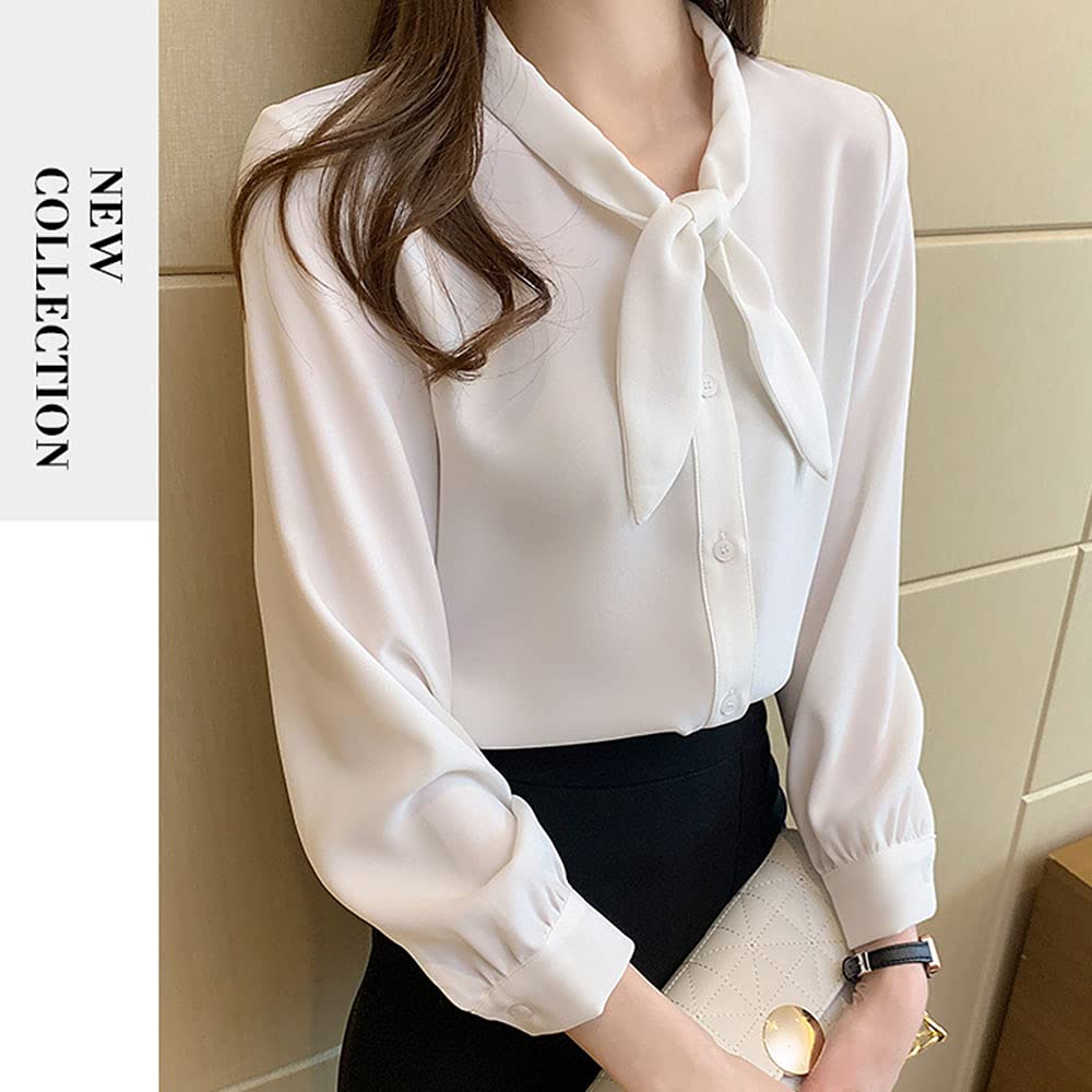 [SYitong] Women's Long-Sleeved Blouse, Stylish, White & Blue, Office Wear, Commuting, Relaxed Fit, Solid Color, Spring/Summer, Plus Sizes, Ribbon Blou