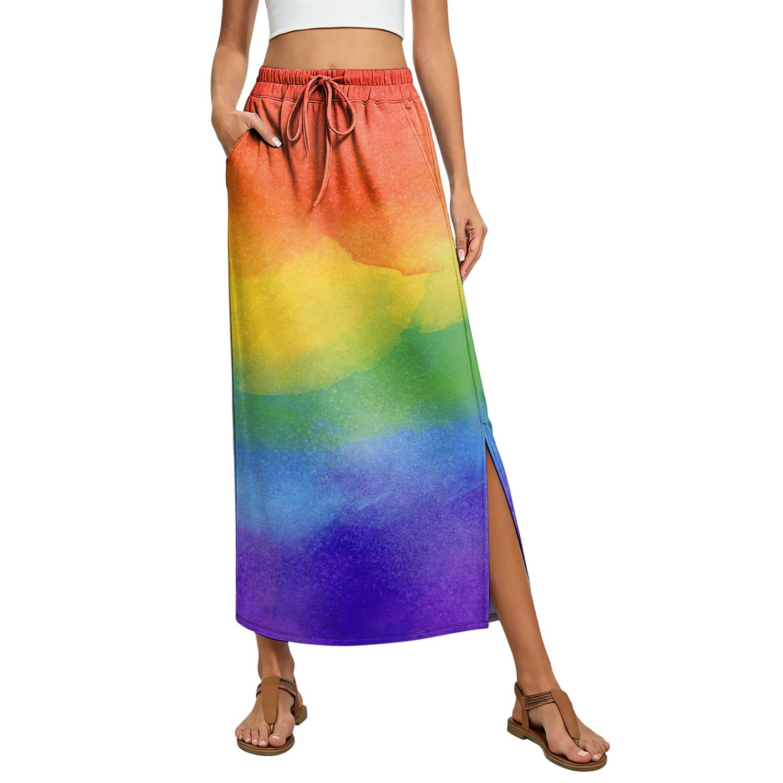 

Ladies striped printed elastic waistband drawstring pocket skirt XL жовтий