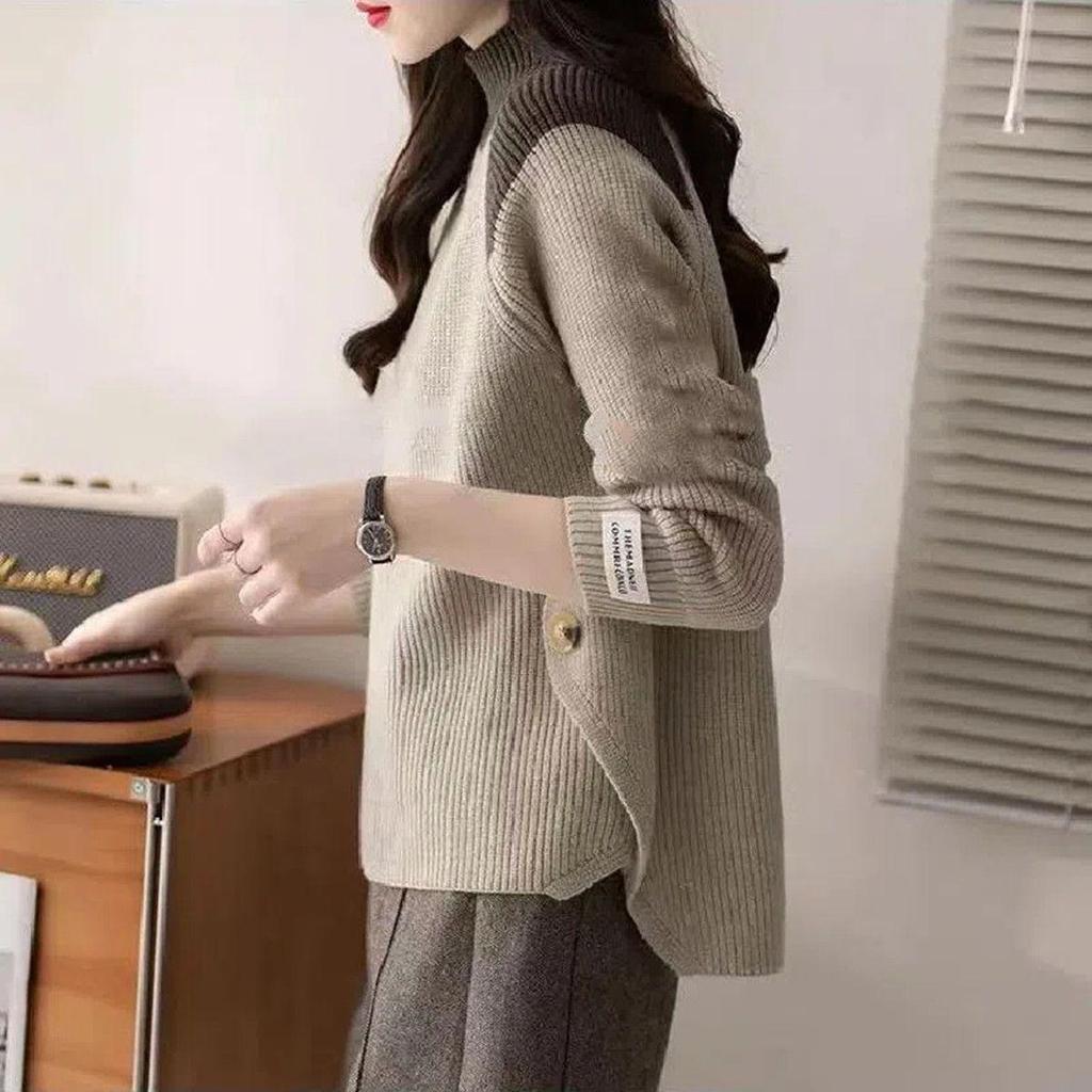 Damen Herbst und Winter Colorblock Rollkragenpullover Locker Modisch Vielseitig Basis Strick