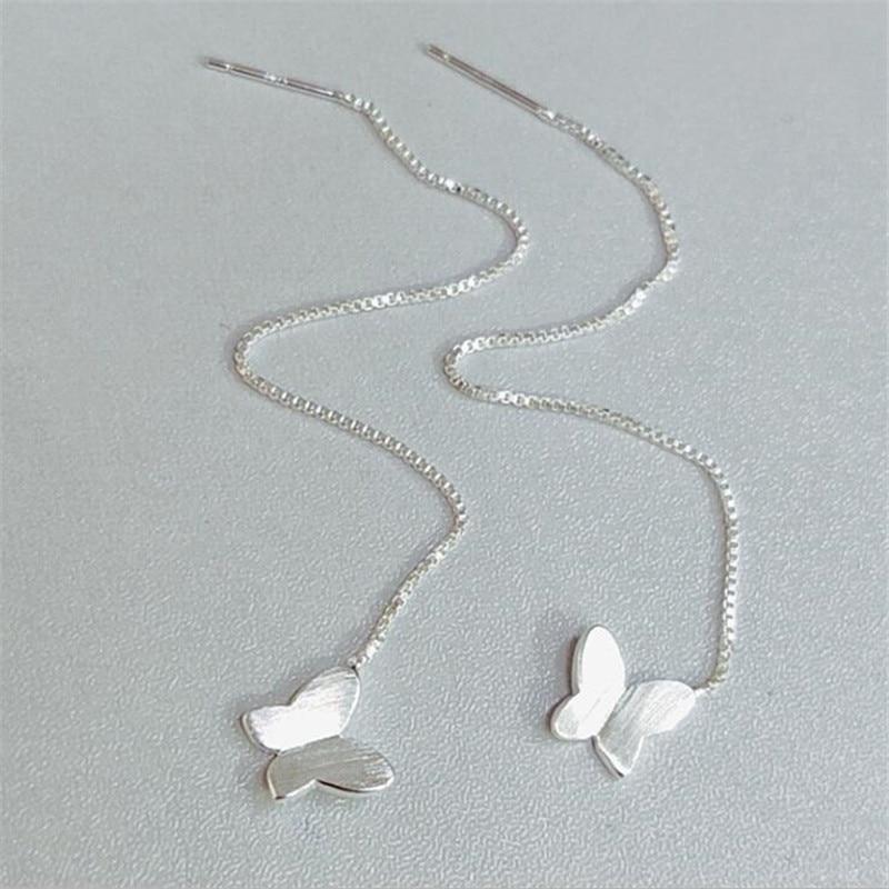 

Корейские милые матовые бабочки из стерлингового серебра 925 пробы, ювелирные изделия, темперамент, длинные ушные линии, популярные висячие серьги E137